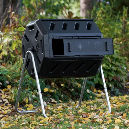 Vista 7 de FCMP Outdoor IM4000 Compostador giratorio de doble cámara para exteriores, fabricado en Canadá, 100% resina reciclada - Cubo giratorio de compostaje