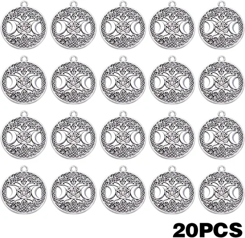 Vista 2 de BronaGrand 20pcs Tree of Life Charms with Triple Moon Goddess Pentagram Tibetan Alloy Round Pentacle Pendants Vintage Tree Dangle Charms for DIY