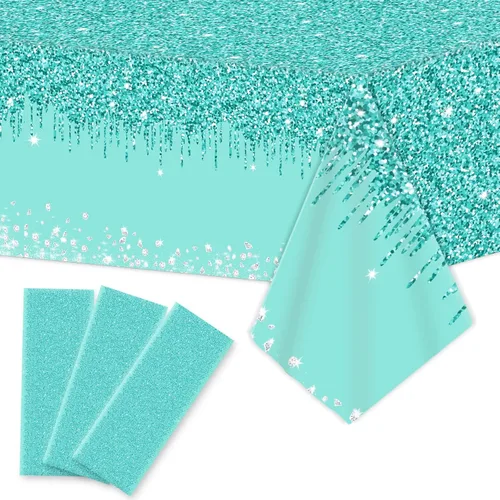 Vista 13 de 3 manteles de cumpleaños verde azulado y plateado para decoraciones de fiesta de feliz cumpleaños, cubiertas de mesa de plástico desechables