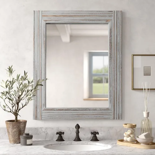 Vista 12 de YOSHOOT - Espejo de pared de madera empalmada hecha a mano para baño, espejo de tocador rústico estilo granja, arte de pared de decoración, marco