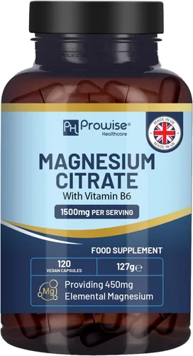 Cápsulas de citrato de magnesio de 1500 mg con vitamina B6 | 120 cápsulas veganas | 450 mg de magnesio elemental | Cápsula sin tabletas | Fabricado