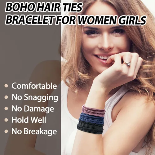 Vista 4 de KANPRINCESS Juego de 12 ligas para el cabello para niñas y mujeres, estilo bohemio, bandas elásticas para el cabello, pulseras para el cabello
