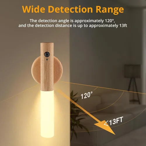 Vista 5 de LANDGOO Paquete de 2 luces nocturnas magnéticas con sensor de movimiento, juego de lámparas LED cilíndricas recargables de madera de fresno, modos
