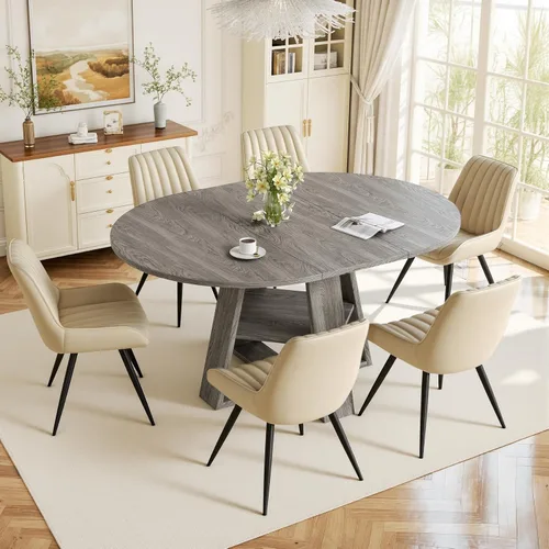 Vista 38 de Aivermel - Juego de mesa de comedor extensible redonda a ovalada para 4 a 6, mesa de cocina de madera con almacenamiento oculto y sillas tapizadas