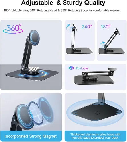 Adjustable Magnetic Stand Holder for 10-18.5 Inch Small Portable Monitor Tablet, Aluminum Alloy Foldable Arm Swivel Desk POS Stand Mount for iPad