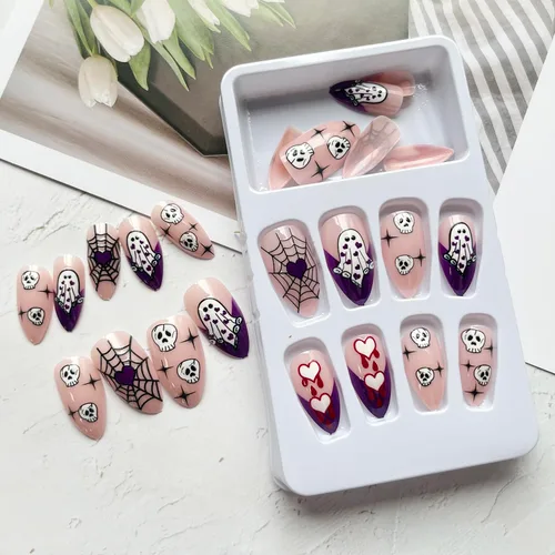 Vista 2 de 24 uñas postizas de Halloween a presión en forma de almendra, uñas postizas de cobertura completa con diseños de telaraña de calavera, uñas
