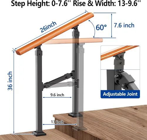 Vista 3 de Kit de pasamanos de escalera al aire libre UOKRR, pasamanos de hierro con grano de madera para interior, se adapta a 1-2 escalones