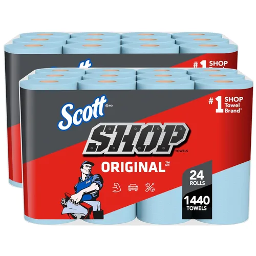 Toallas de papel Scott Shop Original azules (55990), papel toalla tipo tela grande de 9.4”x11, 4 paquetes de 6 (60 hojas/rollo, 24 rollos