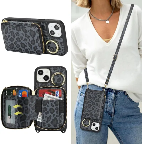 Vista 41 de Funda tipo cartera con bandolera para iPhone 15 Pro Max, funda de piel sintética con cierre de cremallera, funda tipo atril con ranuras para Oro Rosa
