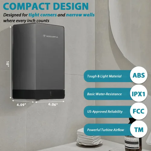 Vista 4 de modunful Secadores de manos compactos para baños, secador de manos turbo comercial de 110 V con doble flujo de aire y bajo ruido, gris oscuro