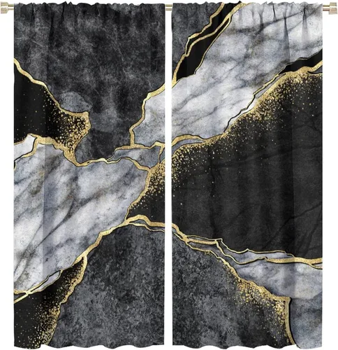 Vista 52 de Cortinas abstractas de mármol de lujo de lujo azul marino dorado a rayas con patrón de mármol estampado para dormitorio, sala de estar, cortinas