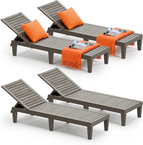 Vista 11 de Juego de sillas reclinables al aire libre, 2 piezas, 5 posiciones ajustables para bronceado con textura de madera, silla de patio de resina