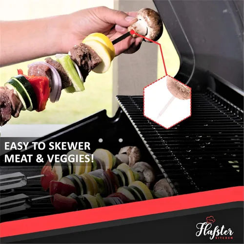 Vista 4 de FLAFSTER KITCHEN - Brochetas de barbacoa para asar – Palos de Kebab planos de acero inoxidable de 16 pulgadas con barra de empuje, brochetas