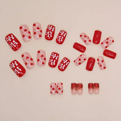 Vista 3 de Uñas postizas a presión rojas de Navidad, uñas postizas cortas y cuadradas, juego de uñas postizas acrílicas con purpurina de corazón de cobertura