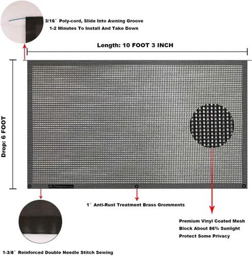 Vista 5 de Tentproinc Pantalla parasol para toldo, 6 pies x 10 pies 3 pulgadas (apta para toldo de 11 pies), protector solar de malla para autocaravana, cámper