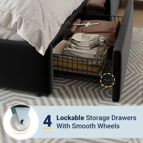 Vista 5 de Allewie Base de cama moderna de tamaño matrimonial con 4 cajones de almacenamiento y cabecera tapizada de terciopelo, soporte de listones de madera
