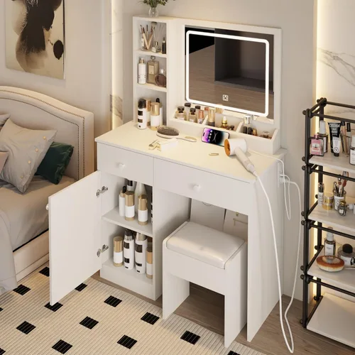 Juego de tocador, tocador de maquillaje con gran espacio de almacenamiento y espejo, toma de corriente, banco de maquillaje con 2 cajones y taburete