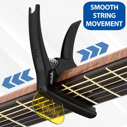 Vista 3 de Salvori Cejilla exclusiva de obsidiana negra 'Dark Knight' resistente con 4 púas, clip para guitarra clásica, ukelele, mandolina, banjo