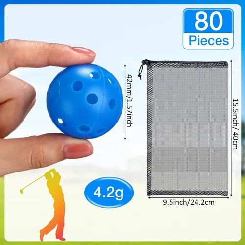 Vista 2 de MiniInflat Paquete de 80 pelotas de práctica de golf con vuelo limitado de 42 mm, pelota de entrenamiento de golf de plástico hueca con flujo de Azul