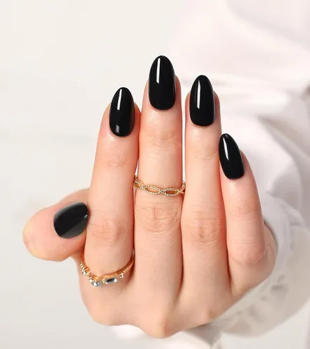 Vista 13 de morily 24 uñas postizas negras a presión, uñas postizas de aguja de longitud media, uñas postizas de almendra, uñas postizas largas acrílicas Negro