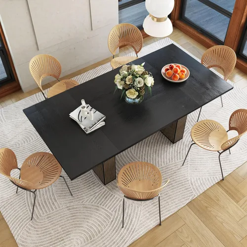 Vista 3 de Mesa de comedor rectangular de 198 cm para 6 a 10 personas, mesa de cocina estilo granja con estrías, mesa larga de madera moderna para cocina