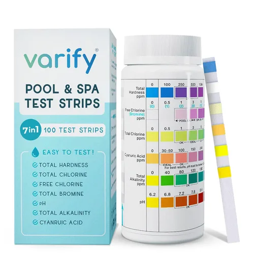 Varify Tiras de prueba 7 en 1 para piscina y spa, kit de prueba de agua fácil de usar para piscina, spa, bañera de hidromasaje y más, tira probadora