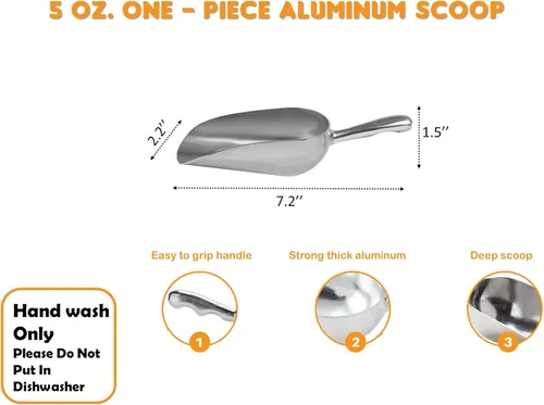 Vista 2 de Cuchara de aluminio fundido, 5 onzas, fondo redondo, pequeña cuchara de hielo para uso multiusos, con mango de ranura para dedos