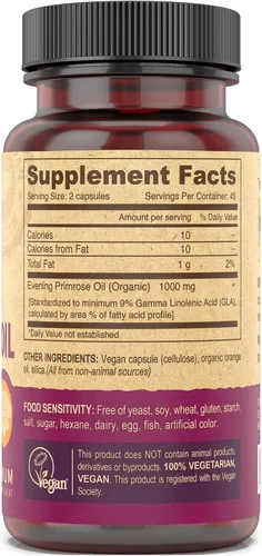 Vista 2 de DEVA Aceite de onagra vegano, prensado en frío, sin refinar, 90 cápsulas, 1 paquete