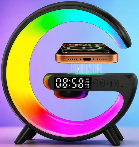 Lámpara de mesa LED inteligente 5 en 1 con carga inalámbrica, altavoz Bluetooth, luz nocturna de noche, reloj despertador para Navidad, cumpleaños