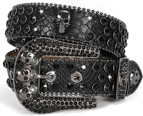 WHIPPY Cinturón de diamantes de imitación para hombres y mujeres, cinturón de cuero occidental, hebilla ancha, cinturón de vaquera, con tachuelas
