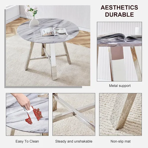 Vista 5 de Juego de 4 sillas de comedor redondas de 42 pulgadas para 4, sillas de mesa de cocina modernas para 4 mesas de comedor de mármol sintético, sillas