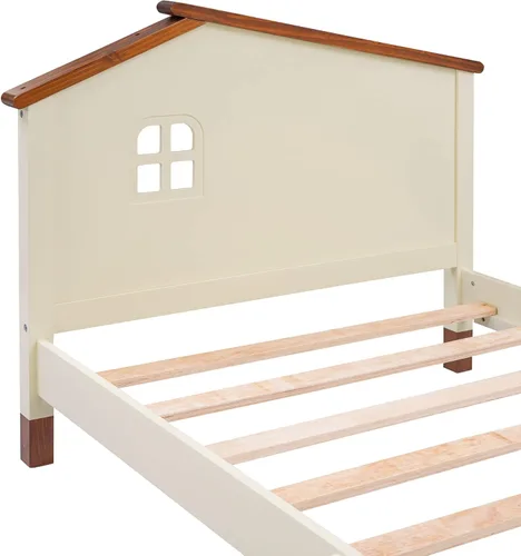 Vista 7 de LUMISOL Cama de plataforma de tamaño individual con cabecera en forma de casa, marco de cama de madera para dormitorio de niños, crema+nogal