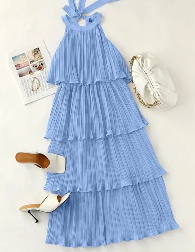 Vista 4 de ZESICA Vestido largo de gasa con volantes y cuello halter para mujer, para verano, 2024, con vuelo