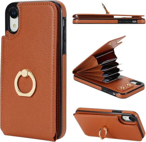 Vista 13 de Folosu Funda compatible con iPhone XR con soporte para tarjetas, rotación de 360°, soporte de anillo de dedo con función atril, bloqueo RFID, piel