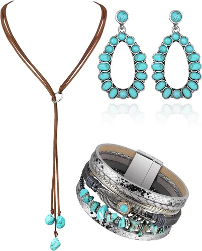 Vista 21 de 3 piezas de joyería boho occidental para mujer, conjunto de joyas de turquesa, aretes vintage, pulsera, collar bohemio occidental para mujer Negro