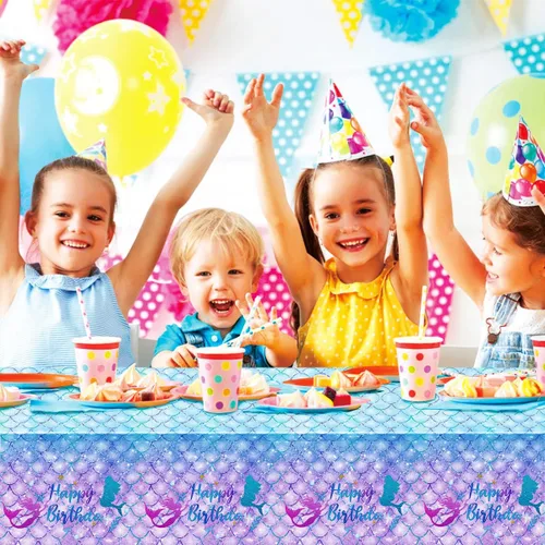 Vista 4 de 1 mantel de cumpleaños de sirena para decoración de fiesta de cumpleaños, funda rectangular desechable de plástico para suministros de fiesta