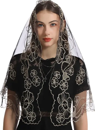 Vista 2 de Bozidol Chapel Veils Catholic Mass Mantilla - Virgen y Niño Bordado Encaje Triángulo Cubiertas de Cabeza Velo Floral Iglesia