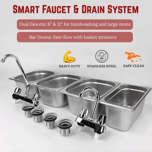 Vista 7 de 3 grandes + 1 pequeño lavado a mano, 4 compartimentos, fregadero de concesión de acero inoxidable, soporte para remolque de comida