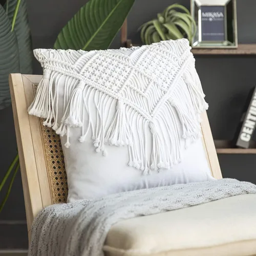 Vista 11 de Phantoscope Almohada Decorativa de Algodón Macramé Hecha a Mano Simétrica 3D Tejida a Crochet Estilo Boho Almohada de Granja con Relleno Incluido