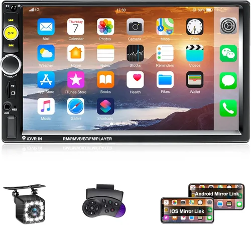 AMPrime Radio estéreo de coche doble DIN con Bluetooth de 7 pulgadas, receptor FM MP5, reproductor de automóvil, soporte para teléfono + cámara de