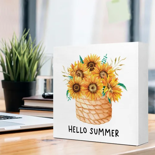 Vista 5 de Letreros de bloque de madera de verano, floreros de girasol de verano para el hogar, dormitorio, oficina, escritorio, mesa, decoración
