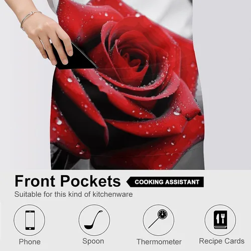 Vista 5 de MUSM Black And White Red Rose Apron，Classic Vintage Funny with Pockets Aprons,Adjustable Bib Waterdrop Resistant for Kitchen Cooking Restaurant BBQ