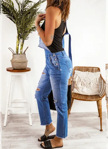 Vista 6 de Luvamia - Overol de mezclilla con pechera para mujer, de diseño informal, elástico y ajustable