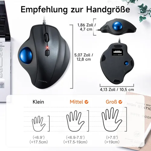 Vista 7 de SANWA Ratón de Trackball con cable, botones silenciosos y programables, bola ergonómica para reducir la tensión de la muñeca, control del pulgar Azul