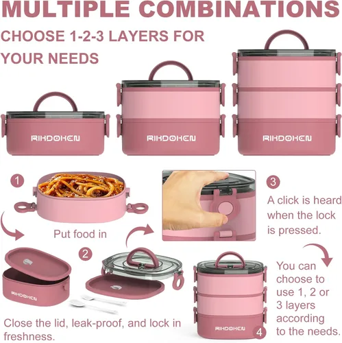 Vista 3 de RIKDOKEN Lonchera apilable de 3 capas, caja Bento portátil de 94 onzas de gran capacidad a prueba de fugas con cuchara, tenedor y cajas de salsa
