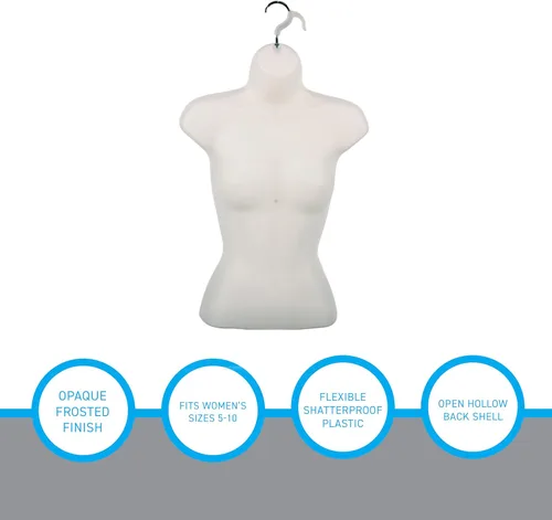 Vista 4 de SSWBasics Forma de camisa esmerilada moldeada inastillable con gancho, se adapta a tallas de mujer 5-10 - Maniquí de moda colgante para mostrar ropa