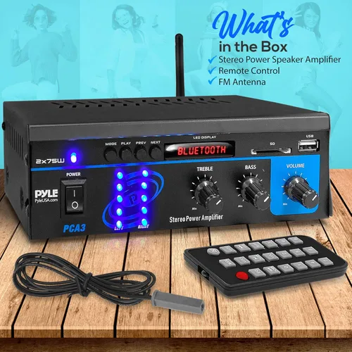Vista 7 de Pyle - Sistema de amplificador de potencia de audio Bluetooth casero - Caja receptora de sonido estéreo mini de doble canal 2X75W con LED - Para