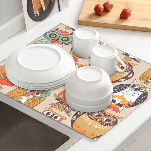 Vista 6 de Tapete de secado de platos de búho para decoración de mostrador de cocina y accesorios, 16 x 18 pulgadas, tapete de microfibra para escurridor