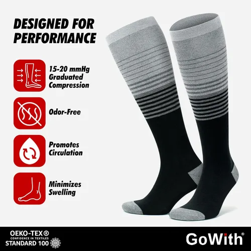 Vista 4 de GoWith Calcetines de compresión graduados de bambú unisex, de 15-20 mmHg, ajuste perfecto, transpirables, de viaje, hasta la rodilla, para hombres