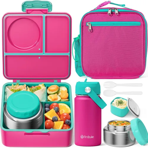Vista 10 de Fimibuke Caja Bento para niños y adultos – Juego de lonchera Bento de 3 a 4 compartimentos a prueba de fugas con tarro de comida aislado, botella